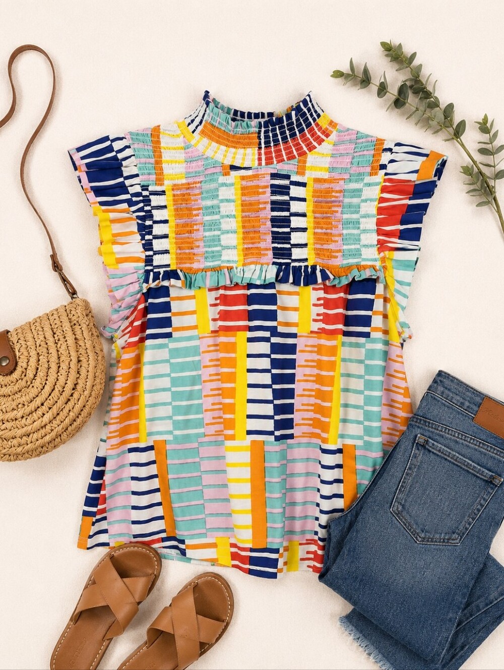 TMHL Smocked Sleeveless Babydoll Colorful Abstract Cotton Shirt. Ladies Small